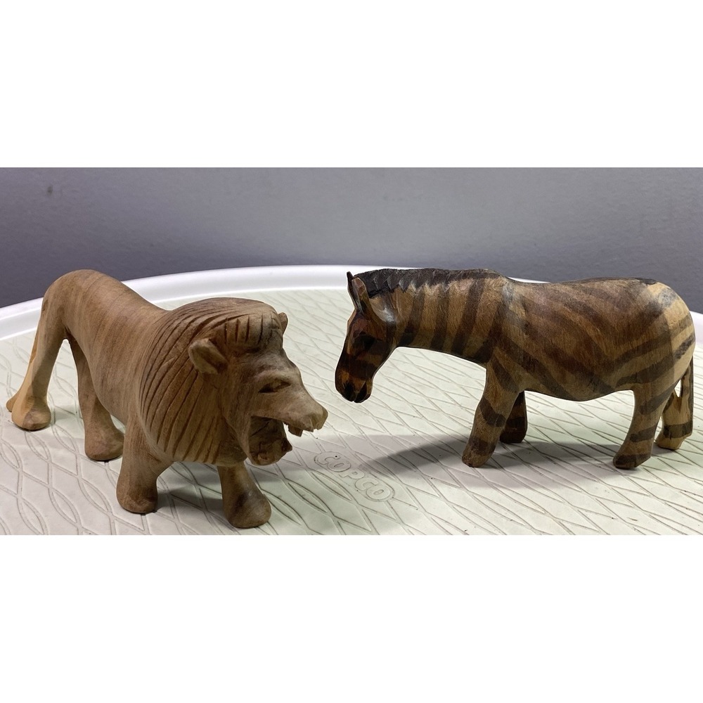 Hand-carved African Art Wooden Zebra&Lion Figurine Zoo Animal Collection 2.5x5"